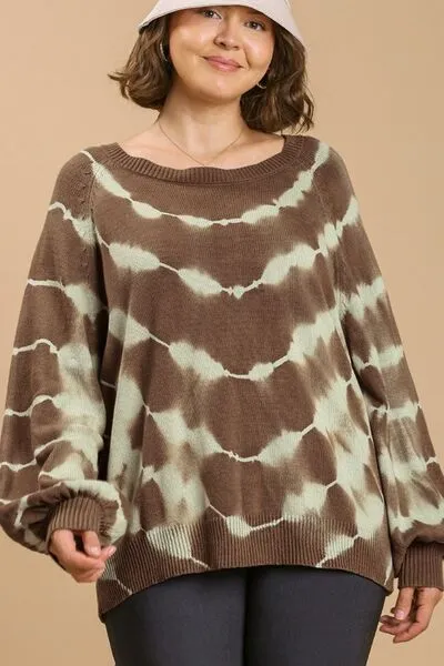 Brown Ribbed Hem Tie Dye Round Neck Sweater
