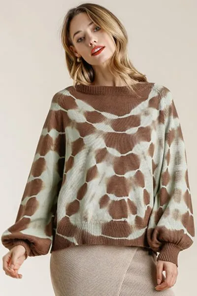 Brown Ribbed Hem Tie Dye Round Neck Sweater