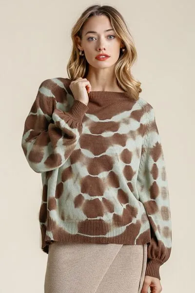 Brown Ribbed Hem Tie Dye Round Neck Sweater