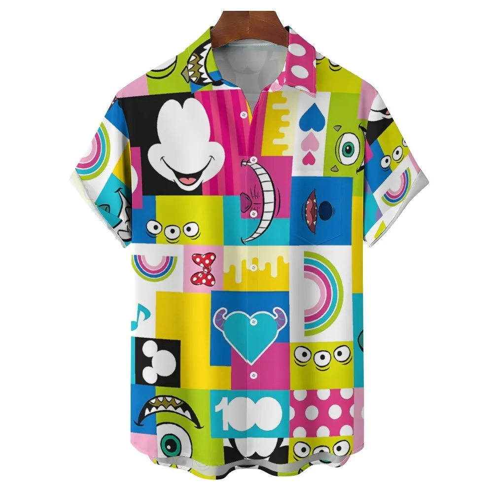 Cartoon Color Block Splicing Character Print Casual Short-Sleeved Shirt 2401000351