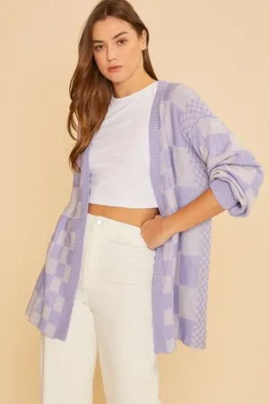 Checkered Open Front Drop Shoulder Cardigan