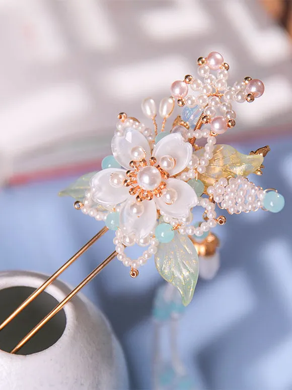Chinese Style Lolita Accessories White Pearls Flowers Accessory Metal Miscellaneous