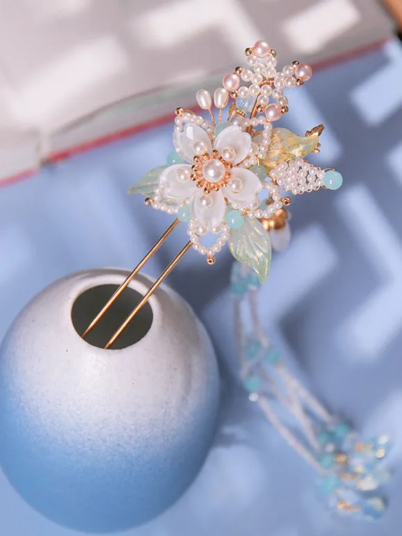 Chinese Style Lolita Accessories White Pearls Flowers Accessory Metal Miscellaneous