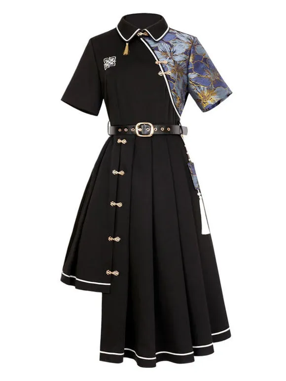 Chinese Style Lolita Dress Fringe Short Sleeves Polyester Chinese Style Floral Print Black Chinese Style Lolita