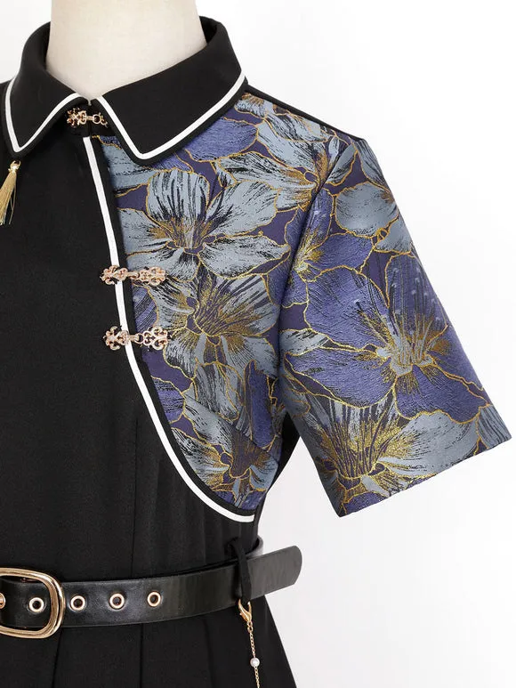 Chinese Style Lolita Dress Fringe Short Sleeves Polyester Chinese Style Floral Print Black Chinese Style Lolita