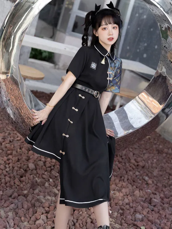 Chinese Style Lolita Dress Fringe Short Sleeves Polyester Chinese Style Floral Print Black Chinese Style Lolita