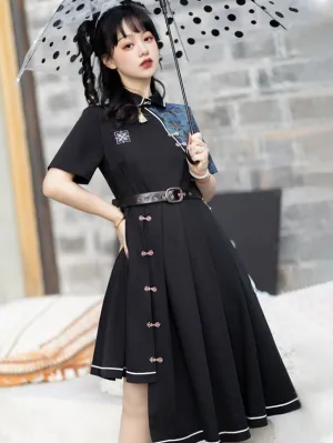 Chinese Style Lolita Dress Fringe Short Sleeves Polyester Chinese Style Floral Print Black Chinese Style Lolita