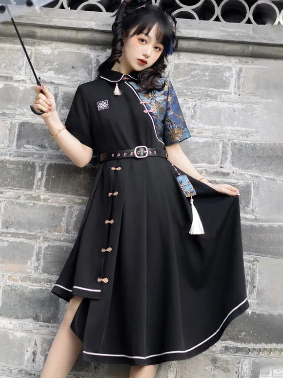 Chinese Style Lolita Dress Fringe Short Sleeves Polyester Chinese Style Floral Print Black Chinese Style Lolita