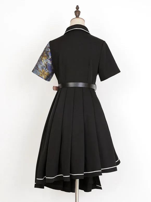 Chinese Style Lolita Dress Fringe Short Sleeves Polyester Chinese Style Floral Print Black Chinese Style Lolita