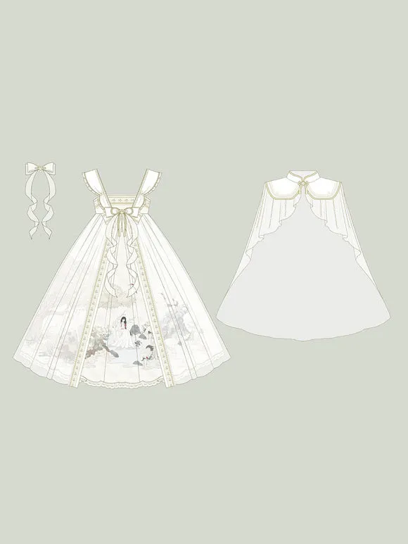 Chinese Style Lolita Dress Lace Sleeveless Polyester Chinese Style Floral Print White Chinese Style Lolita