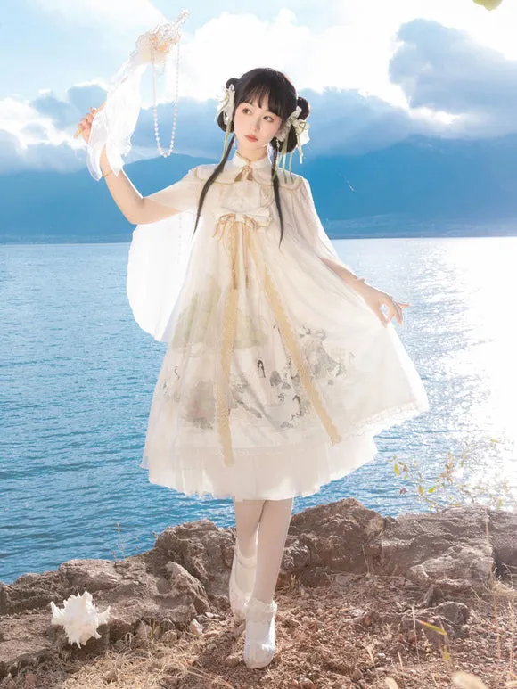 Chinese Style Lolita Dress Lace Sleeveless Polyester Chinese Style Floral Print White Chinese Style Lolita