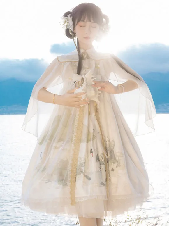 Chinese Style Lolita Dress Lace Sleeveless Polyester Chinese Style Floral Print White Chinese Style Lolita