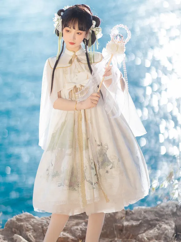 Chinese Style Lolita Dress Lace Sleeveless Polyester Chinese Style Floral Print White Chinese Style Lolita