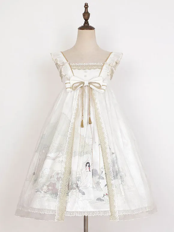 Chinese Style Lolita Dress Lace Sleeveless Polyester Chinese Style Floral Print White Chinese Style Lolita