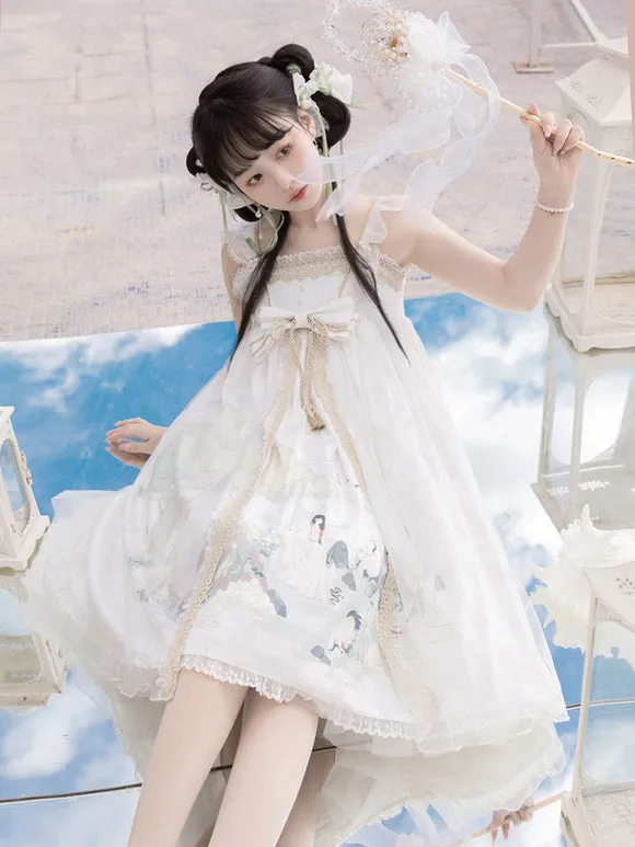 Chinese Style Lolita Dress Lace Sleeveless Polyester Chinese Style Floral Print White Chinese Style Lolita