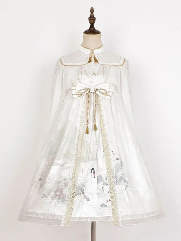 Chinese Style Lolita Dress Lace Sleeveless Polyester Chinese Style Floral Print White Chinese Style Lolita