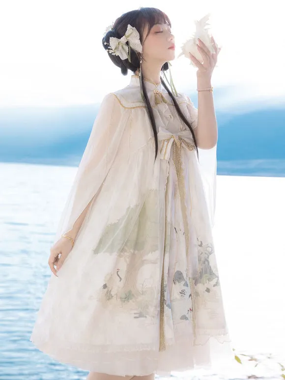 Chinese Style Lolita Dress Lace Sleeveless Polyester Chinese Style Floral Print White Chinese Style Lolita
