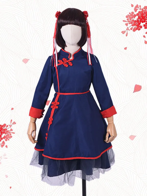 Chinese Style Lolita OP Dress Two Tone Piping Blue Lolita One Piece Dress For Kids