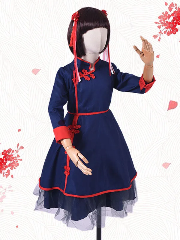 Chinese Style Lolita OP Dress Two Tone Piping Blue Lolita One Piece Dress For Kids