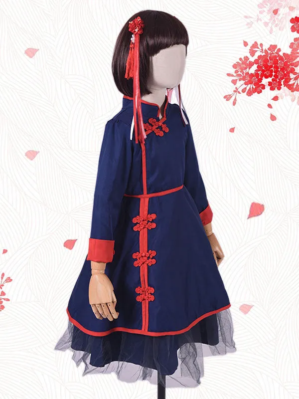 Chinese Style Lolita OP Dress Two Tone Piping Blue Lolita One Piece Dress For Kids