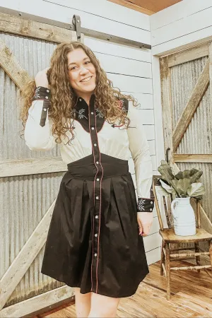 Collared Retro Western Dress with Chainstitch Embroidery