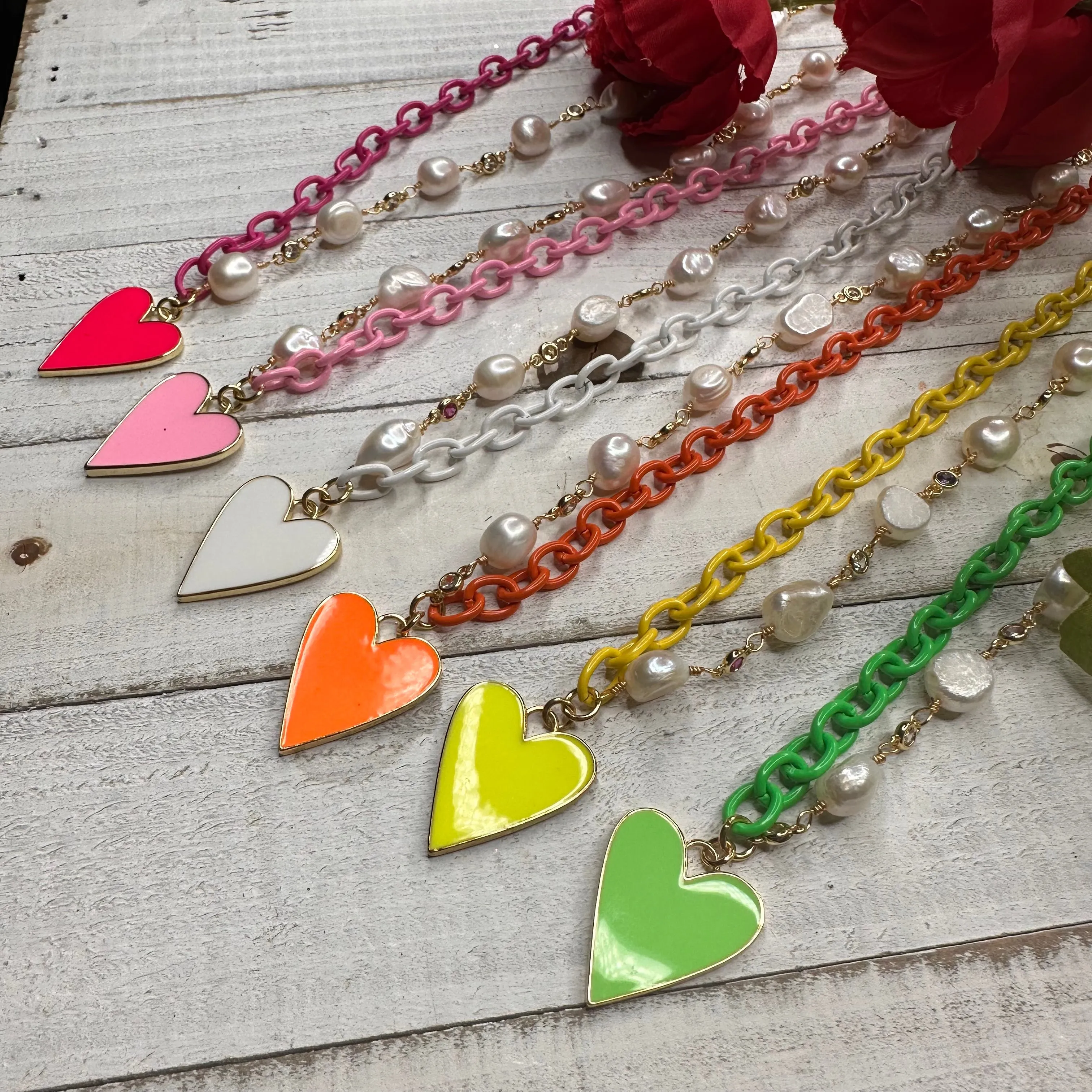 Color Enameled Chain and Fresh Water Pearls with Heart Enameled Pendant 350-11 | Erika Williner Designs
