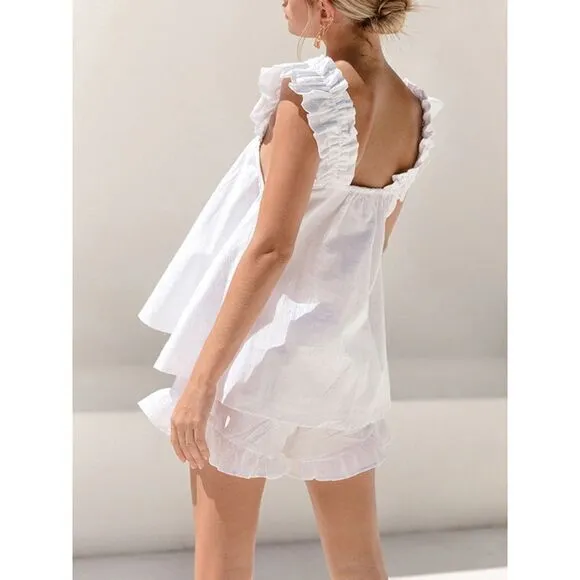 Commense Pure Cotton White Ruffle‎ Shorts Set Ruffle Strap Loungewear Size L