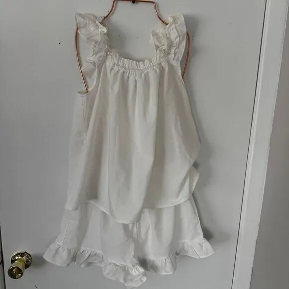 Commense Pure Cotton White Ruffle‎ Shorts Set Ruffle Strap Loungewear Size L