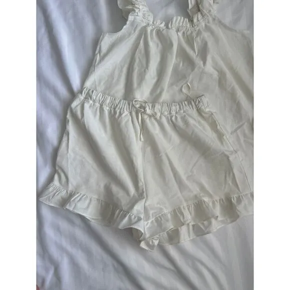 Commense Pure Cotton White Ruffle‎ Shorts Set Ruffle Strap Loungewear Size L