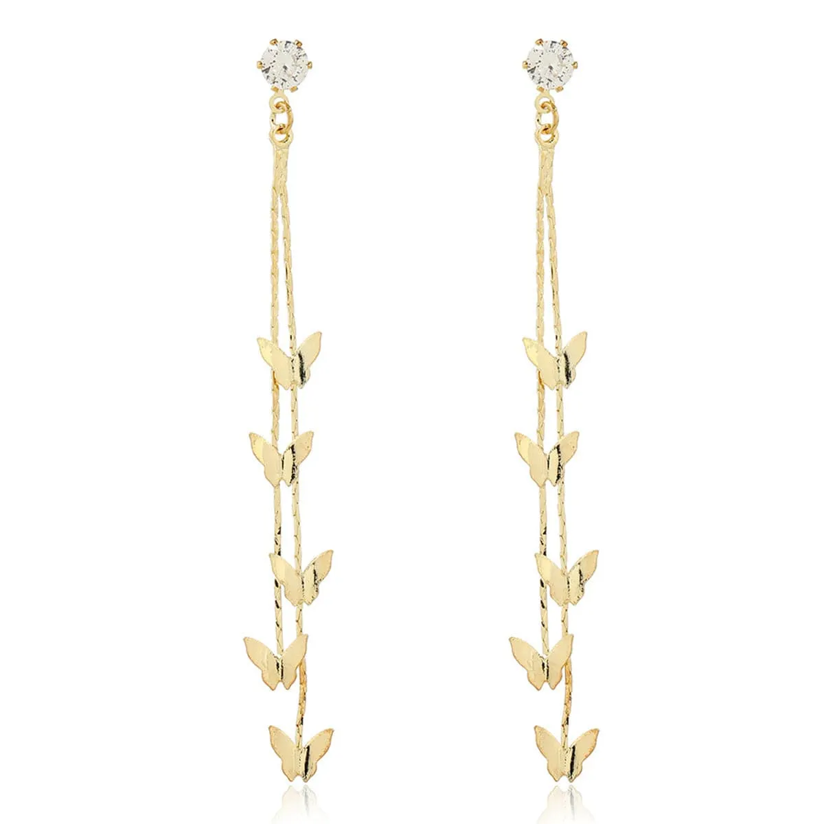Cubic Zirconia & 18K Gold-Plated Butterfly Double-Strand Drop Earrings