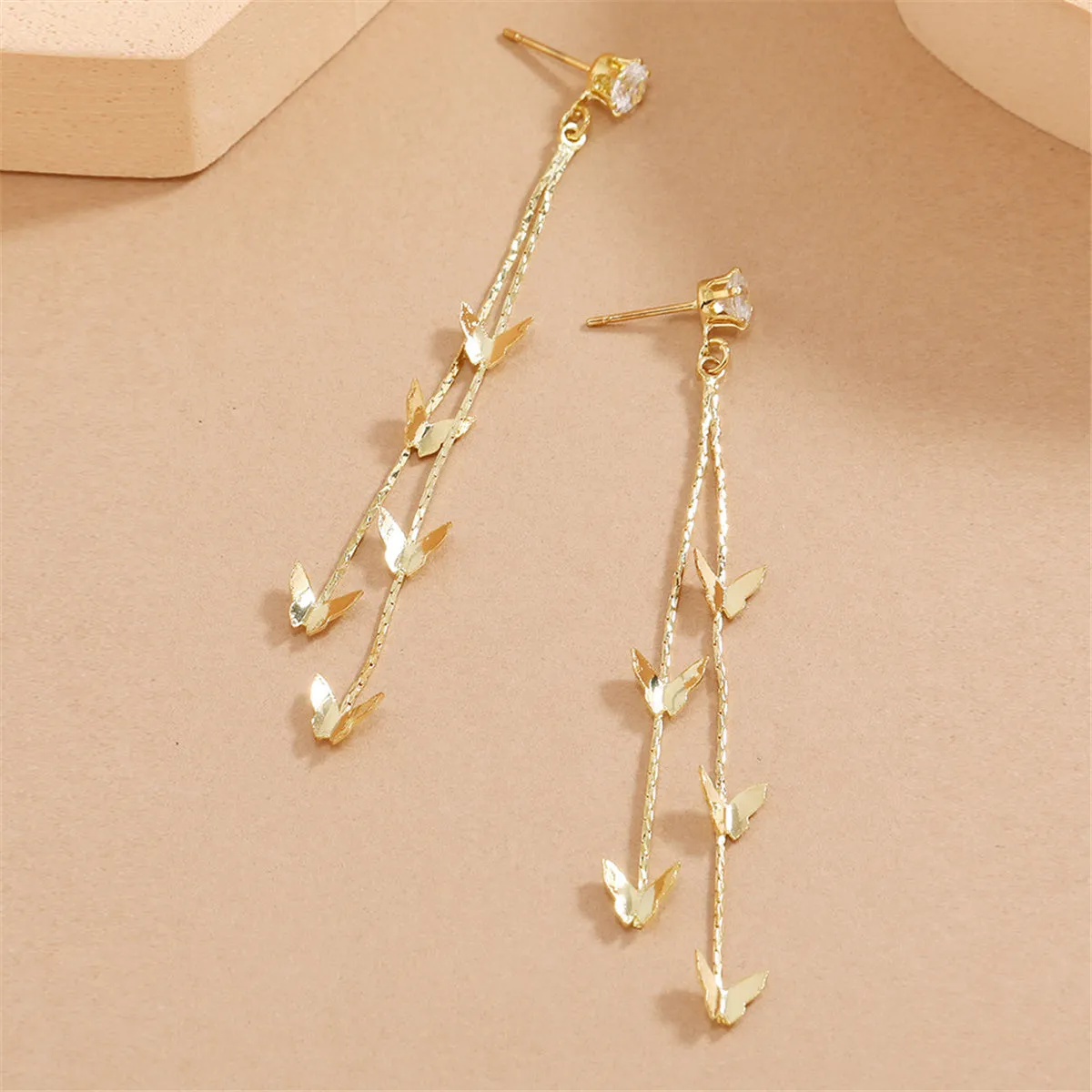 Cubic Zirconia & 18K Gold-Plated Butterfly Double-Strand Drop Earrings