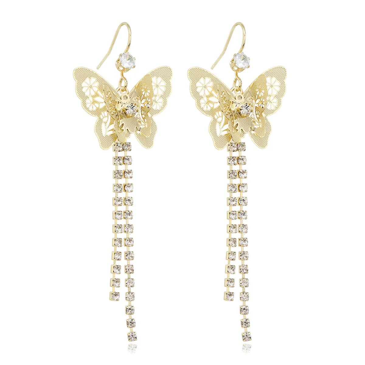 Cubic Zirconia & 18K Gold-Plated Butterfly Tassel Drop Earrings
