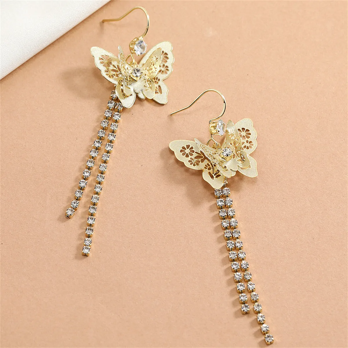 Cubic Zirconia & 18K Gold-Plated Butterfly Tassel Drop Earrings