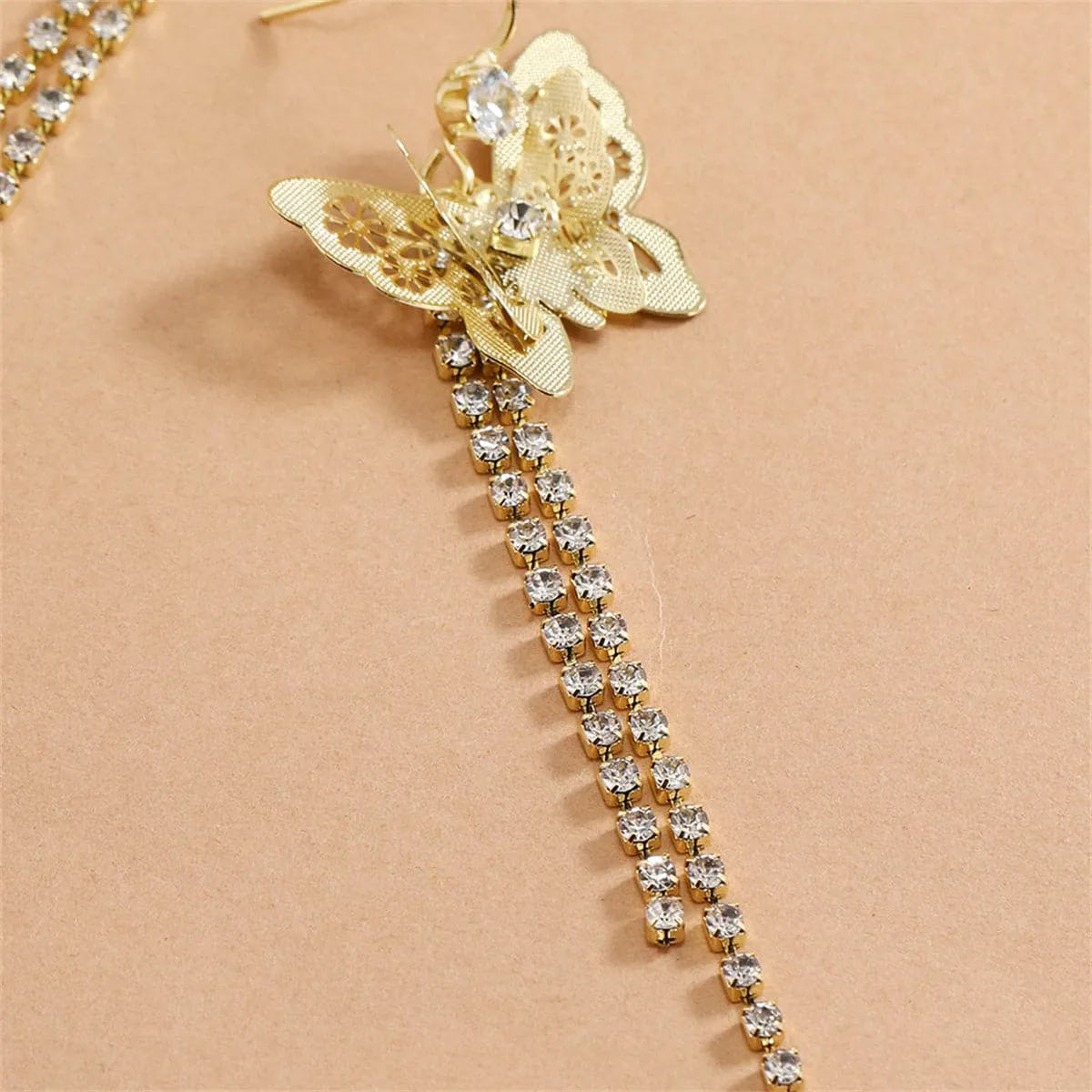 Cubic Zirconia & 18K Gold-Plated Butterfly Tassel Drop Earrings