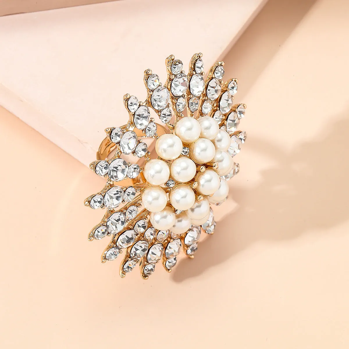 Cubic Zirconia & Pearl 18K Gold-Plated Floral Statement Ring