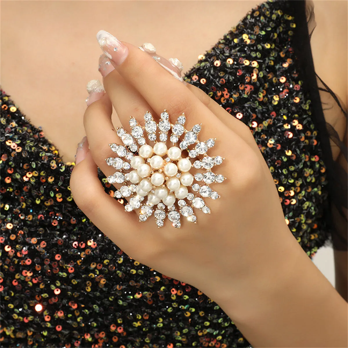 Cubic Zirconia & Pearl 18K Gold-Plated Floral Statement Ring