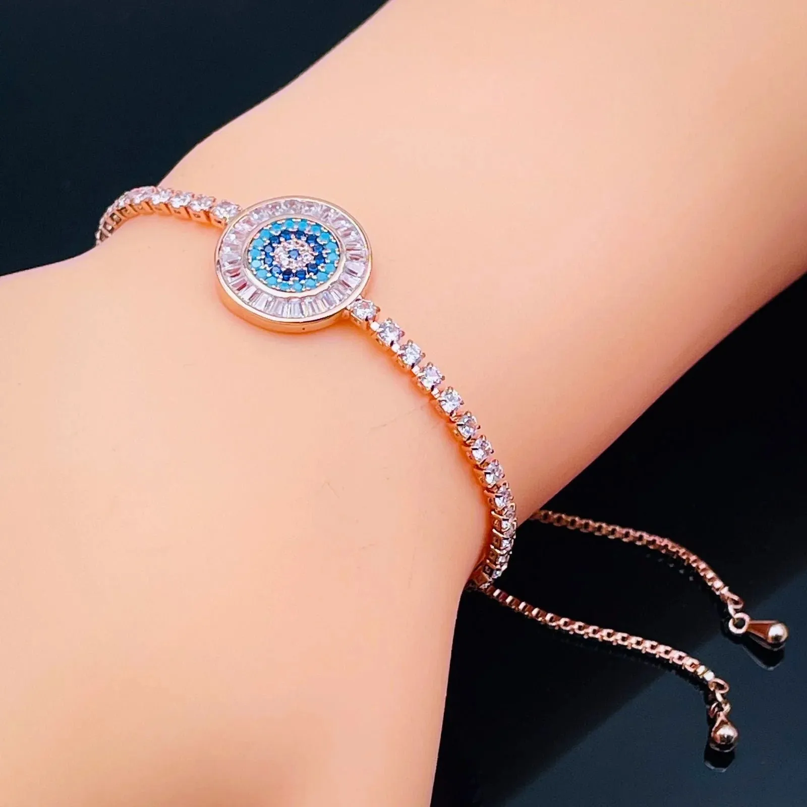 Cubic Zirconia Evil Eye Design with Adjustable Slider Bracelet for Women