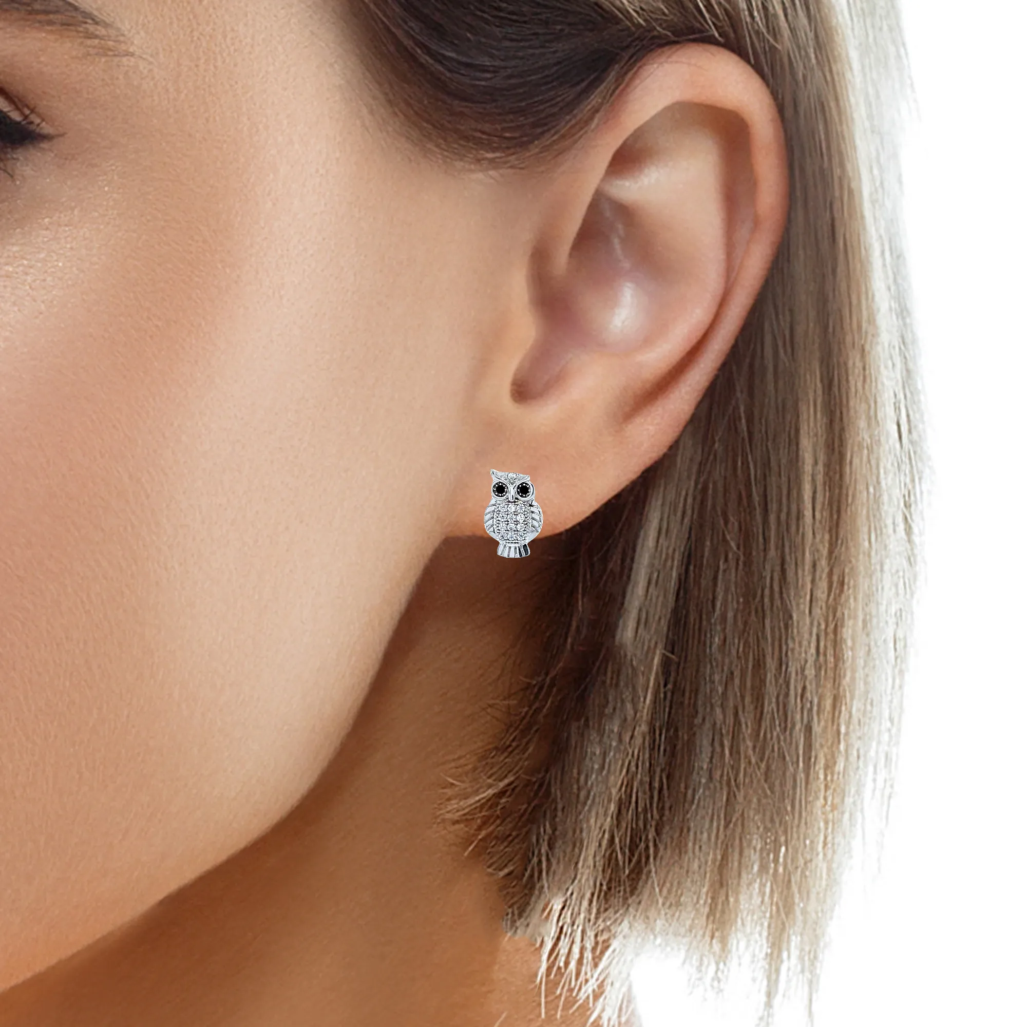 Cute Owl Zirconia Stones Stud Earrings White gold filled