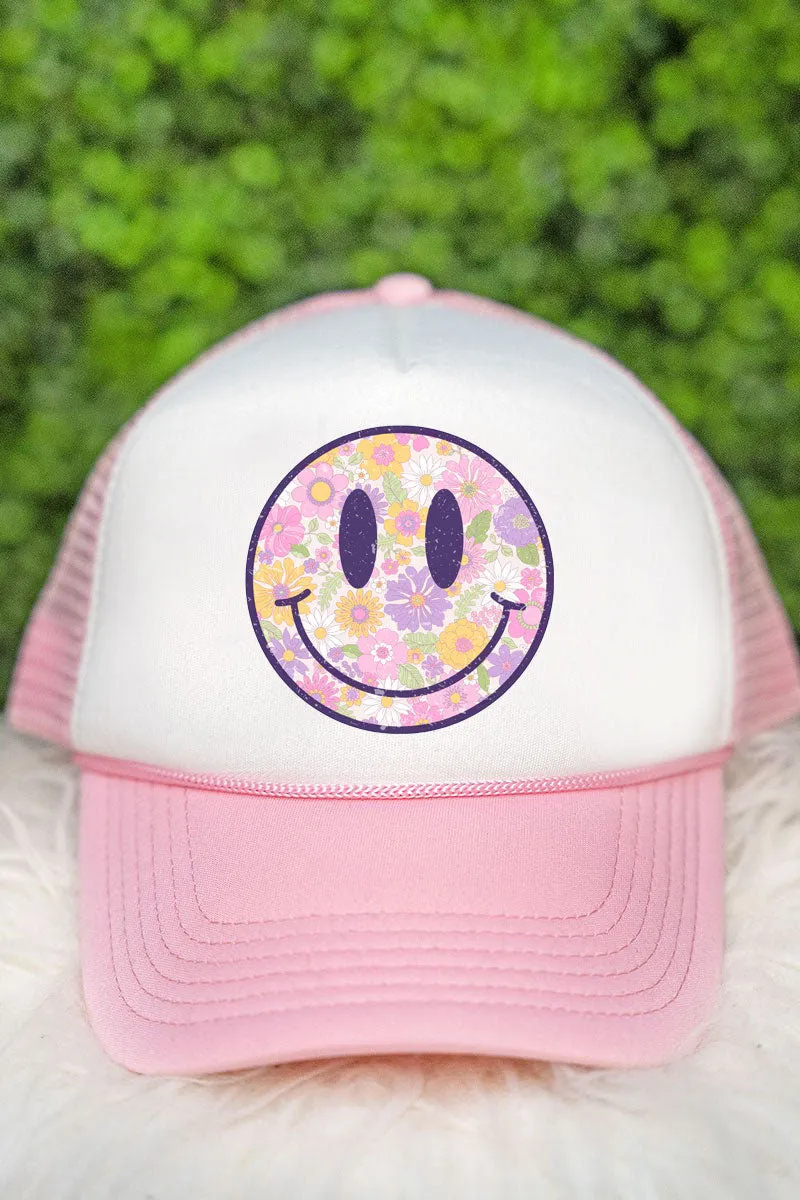 Distressed Floral Smiles Foam Mesh Back Trucker Cap