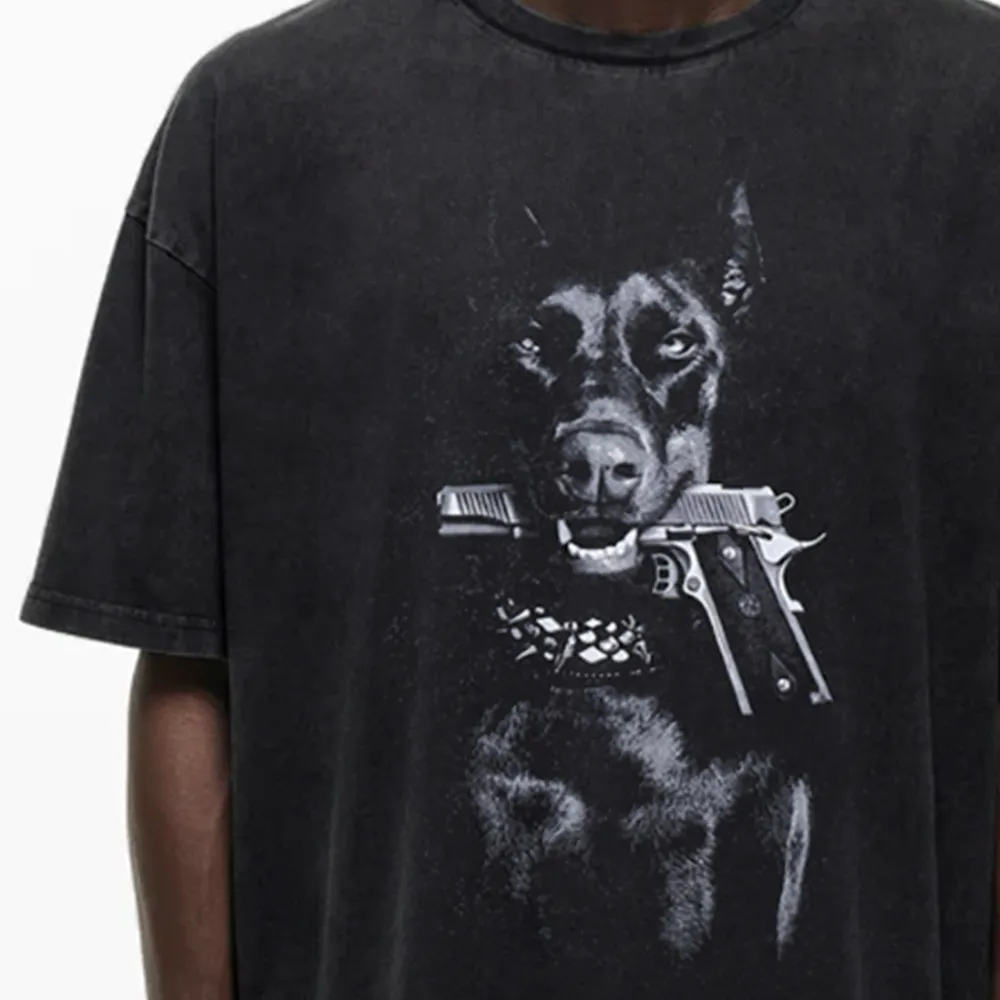 Dog Holding Gun Washed T-Shirt