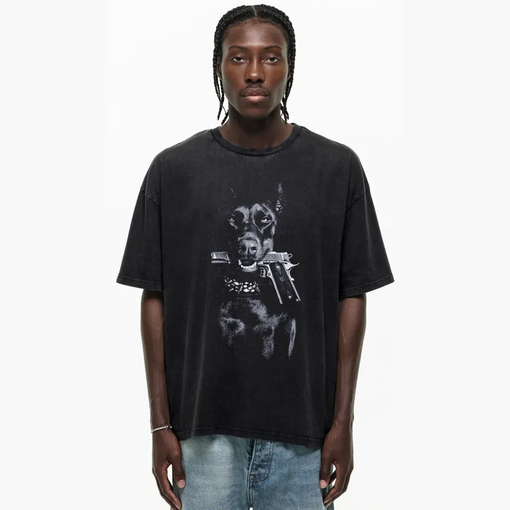 Dog Holding Gun Washed T-Shirt