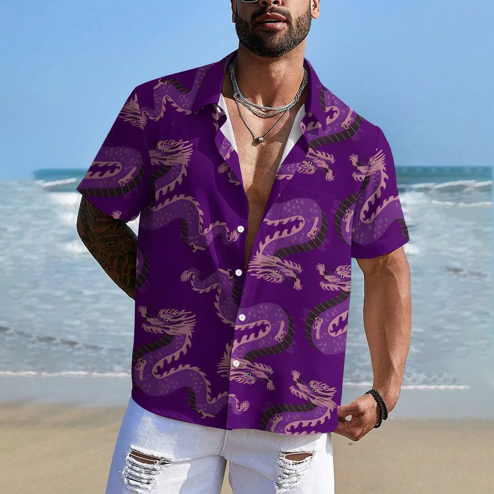 Dragon Purple Print Casual Short Sleeve Shirt 2402000085