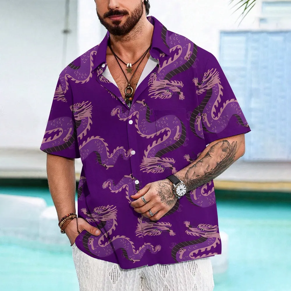 Dragon Purple Print Casual Short Sleeve Shirt 2402000085