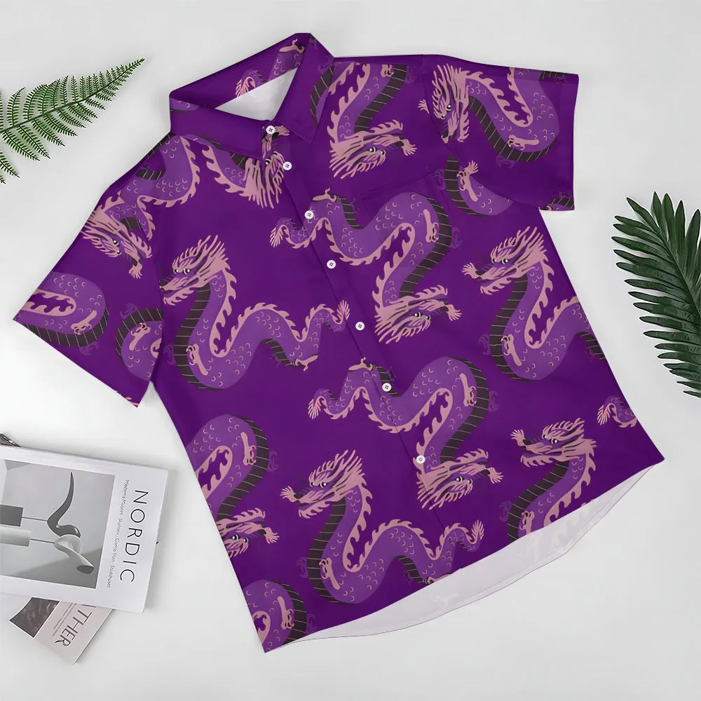 Dragon Purple Print Casual Short Sleeve Shirt 2402000085