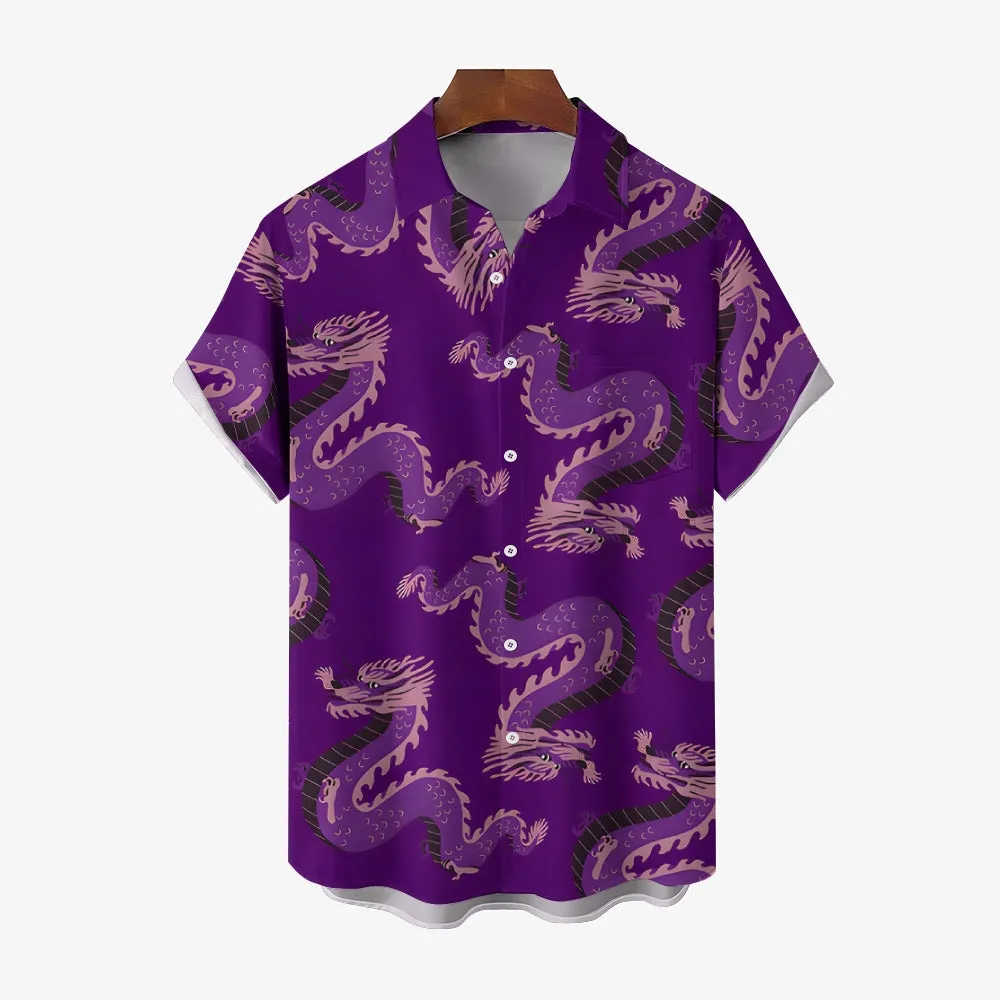 Dragon Purple Print Casual Short Sleeve Shirt 2402000085