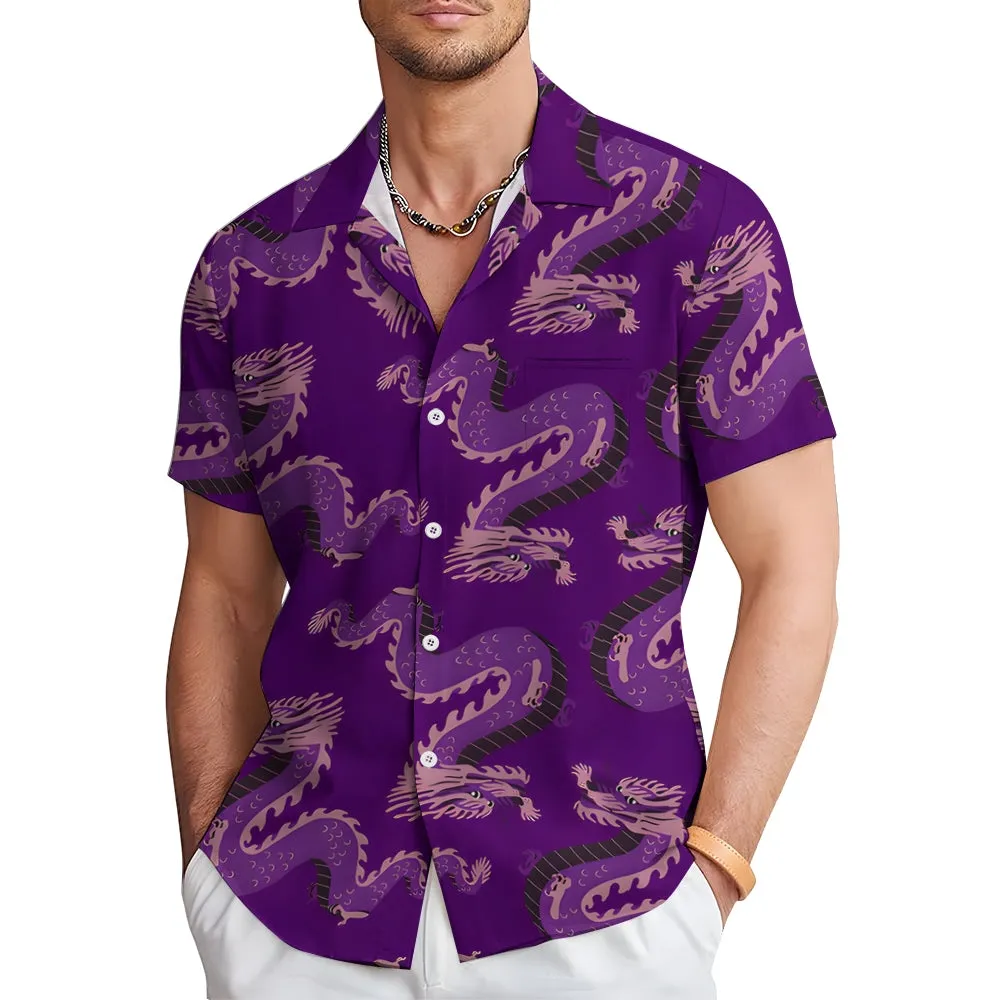 Dragon Purple Print Casual Short Sleeve Shirt 2402000085