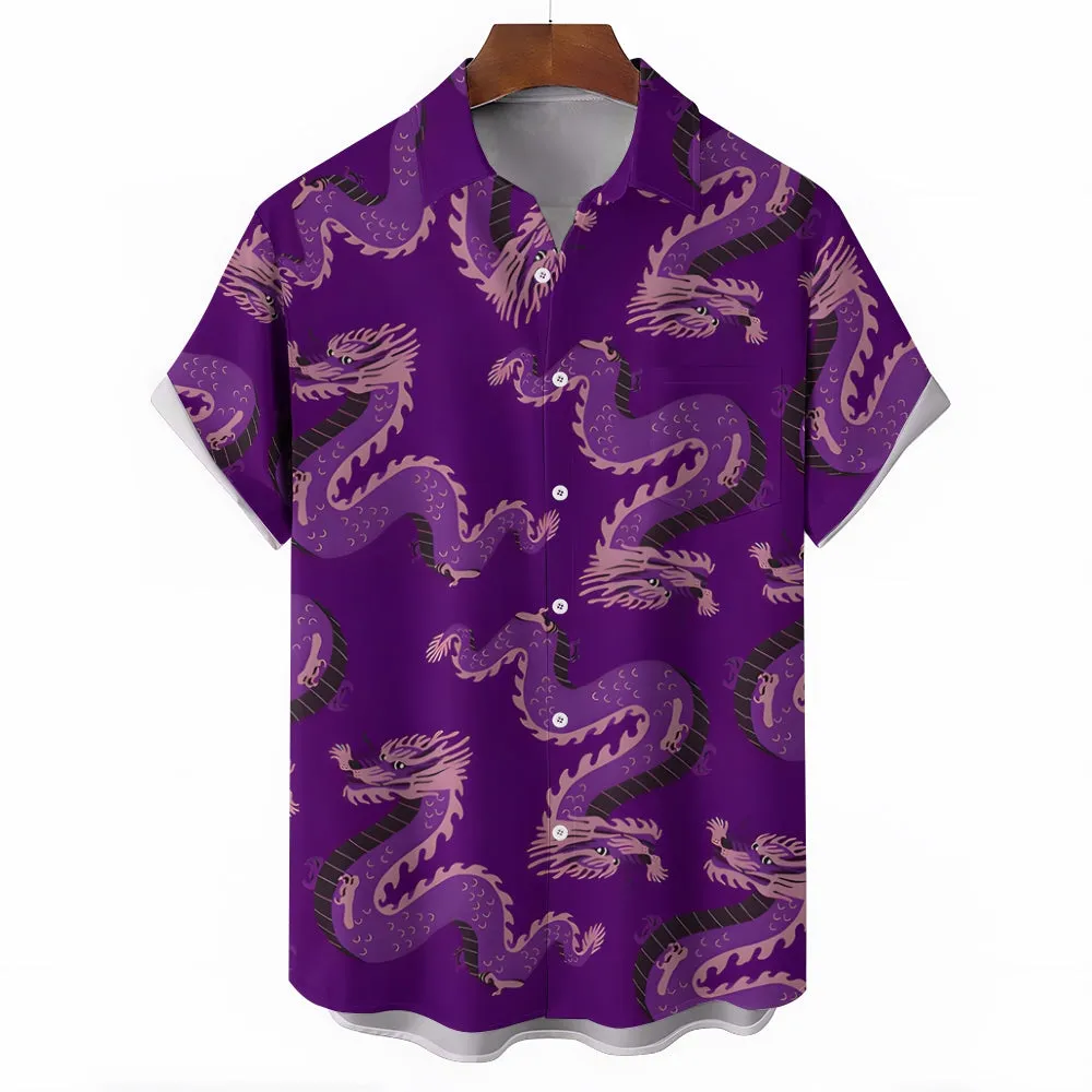 Dragon Purple Print Casual Short Sleeve Shirt 2402000085