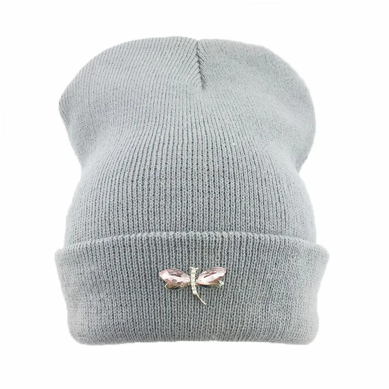 Dragonfly Crystal Accessory Beanie Hat For Women, Hip Hop Cute Hats Winter Caps Female Beanies bonnet