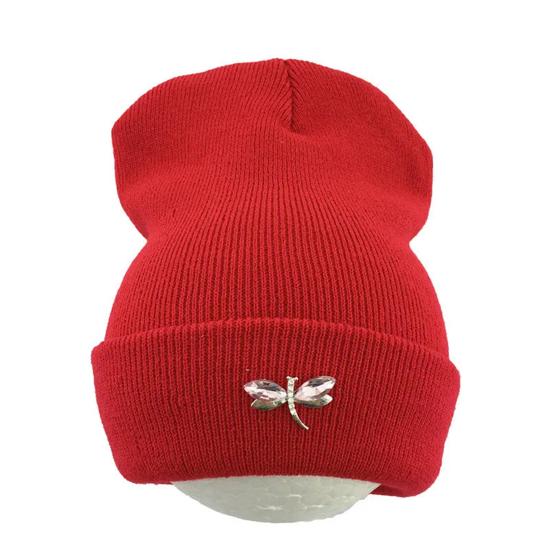 Dragonfly Crystal Accessory Beanie Hat For Women, Hip Hop Cute Hats Winter Caps Female Beanies bonnet