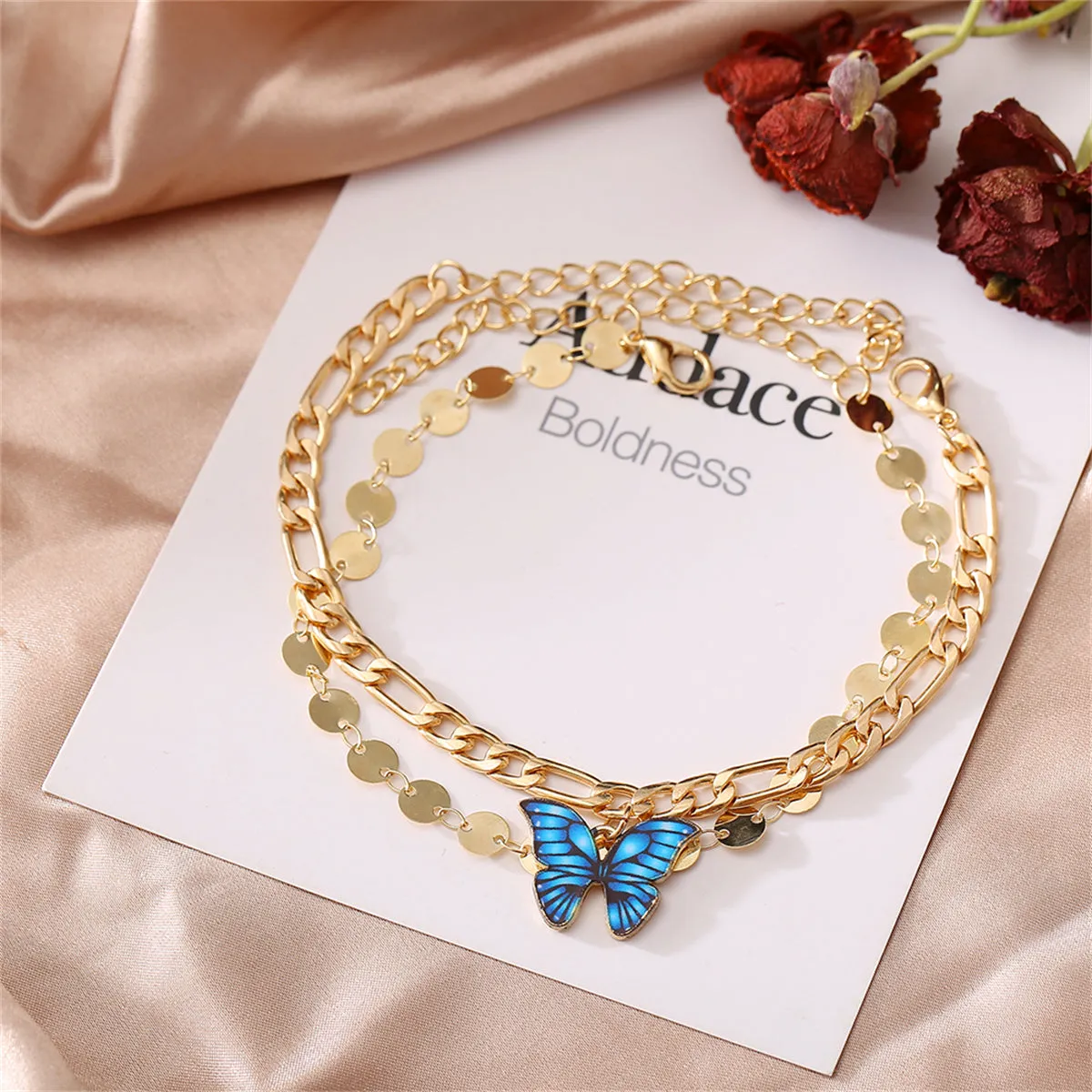Enamel & 18K Gold-Plated Butterfly Anklet Set